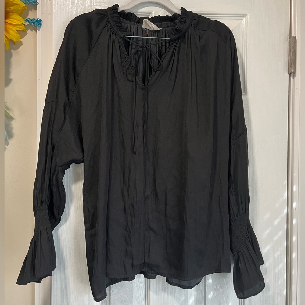 Chic Black Blouse with Ruffled Neckline